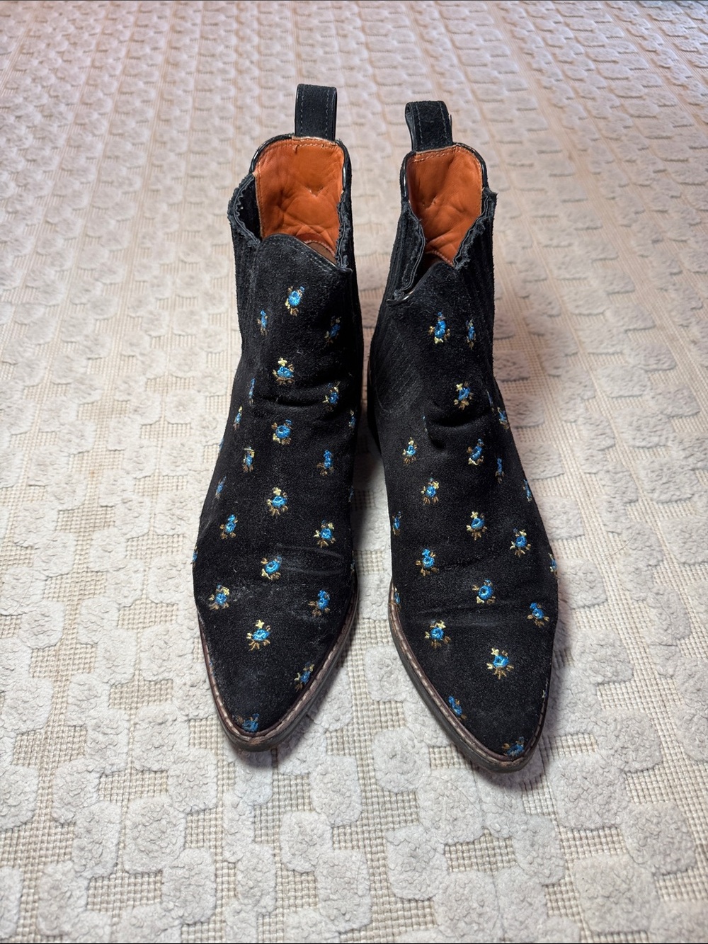Coach Black Suede Embroidered Chelsea Booties with Blue Floral Accents - Picture 3 of 7